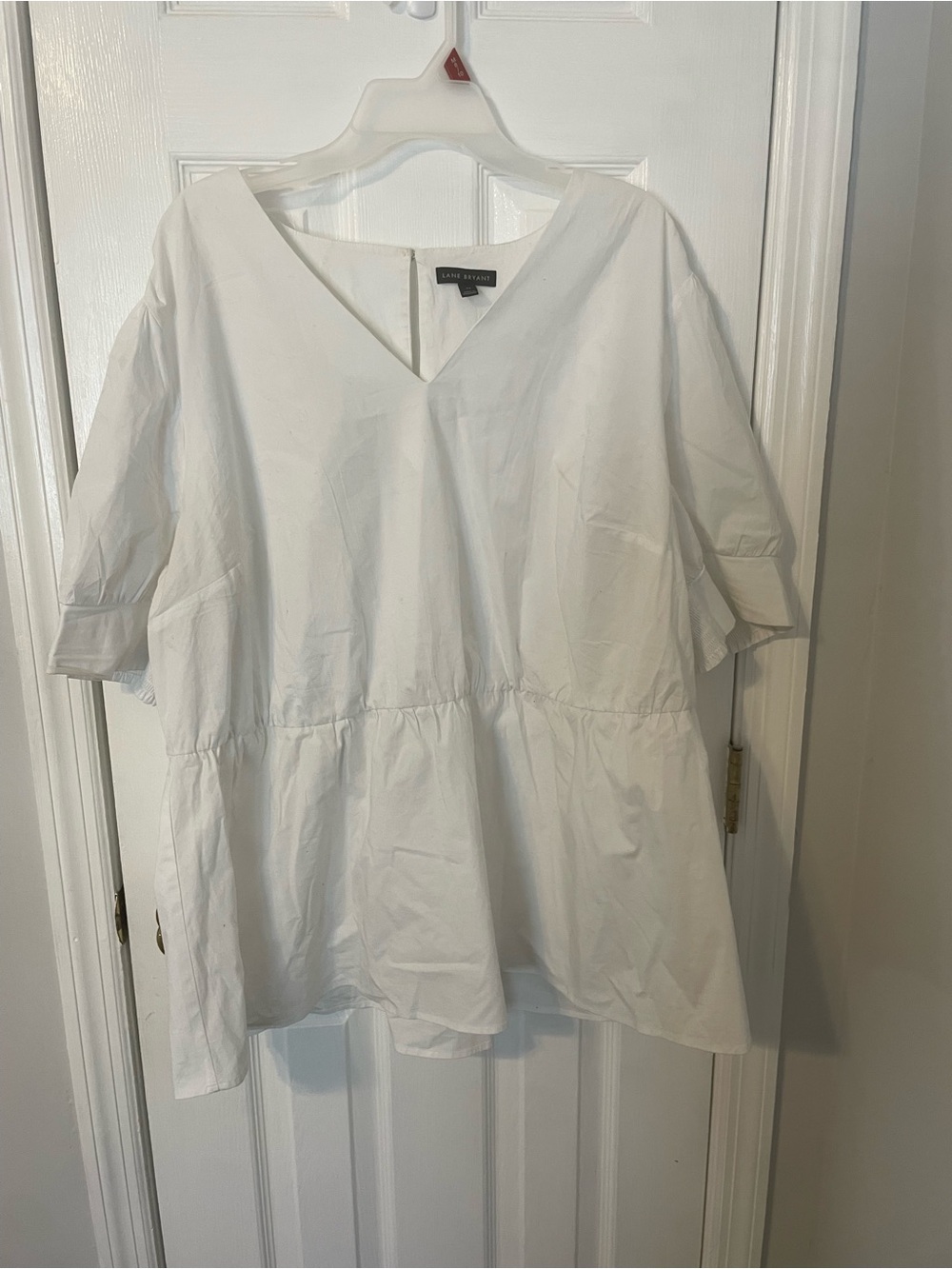 Lane Bryant White V-Neck Puff Sleeve Gathered Waist Cotton Tunic Sz 24